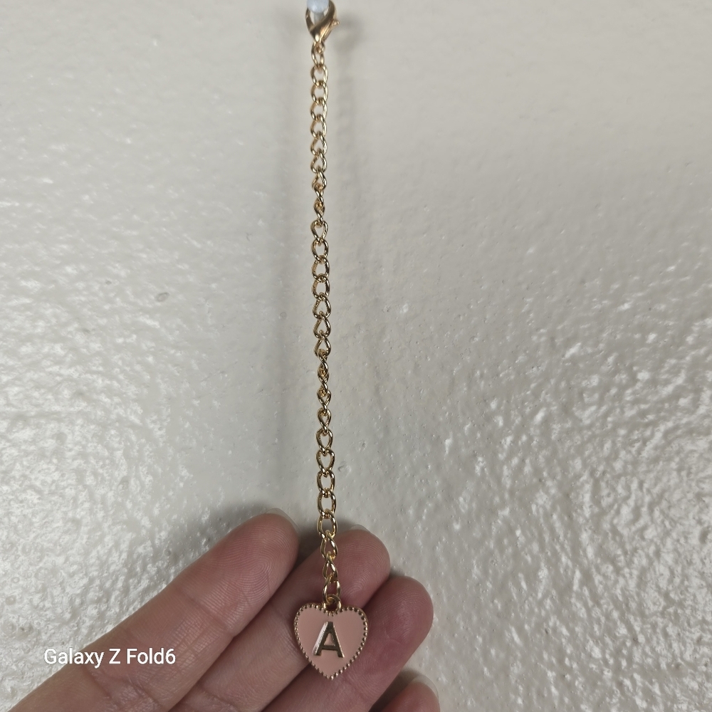 Gold-Tone Heart Charm Chain Extender‎ – Pink Enamel Heart with Letter "A"